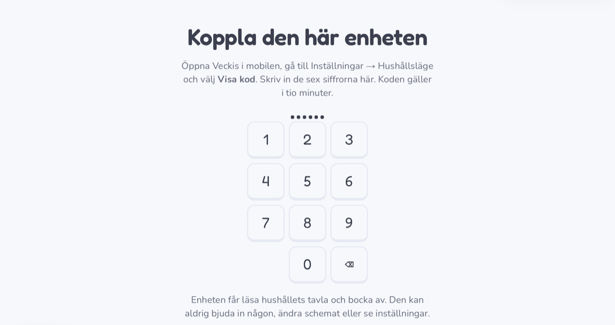 Parkopplingsskärmen på surfplattan: rubriken Koppla den här enheten, sex tomma platser för koden och ett stort numeriskt tangentbord.